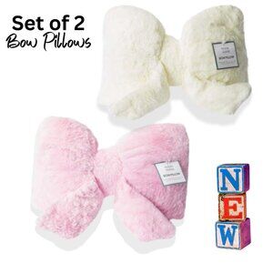 NEW NWT So Cute Set of 2 Fluffy Bow Shaped Furry Throw Pillows Pink & White